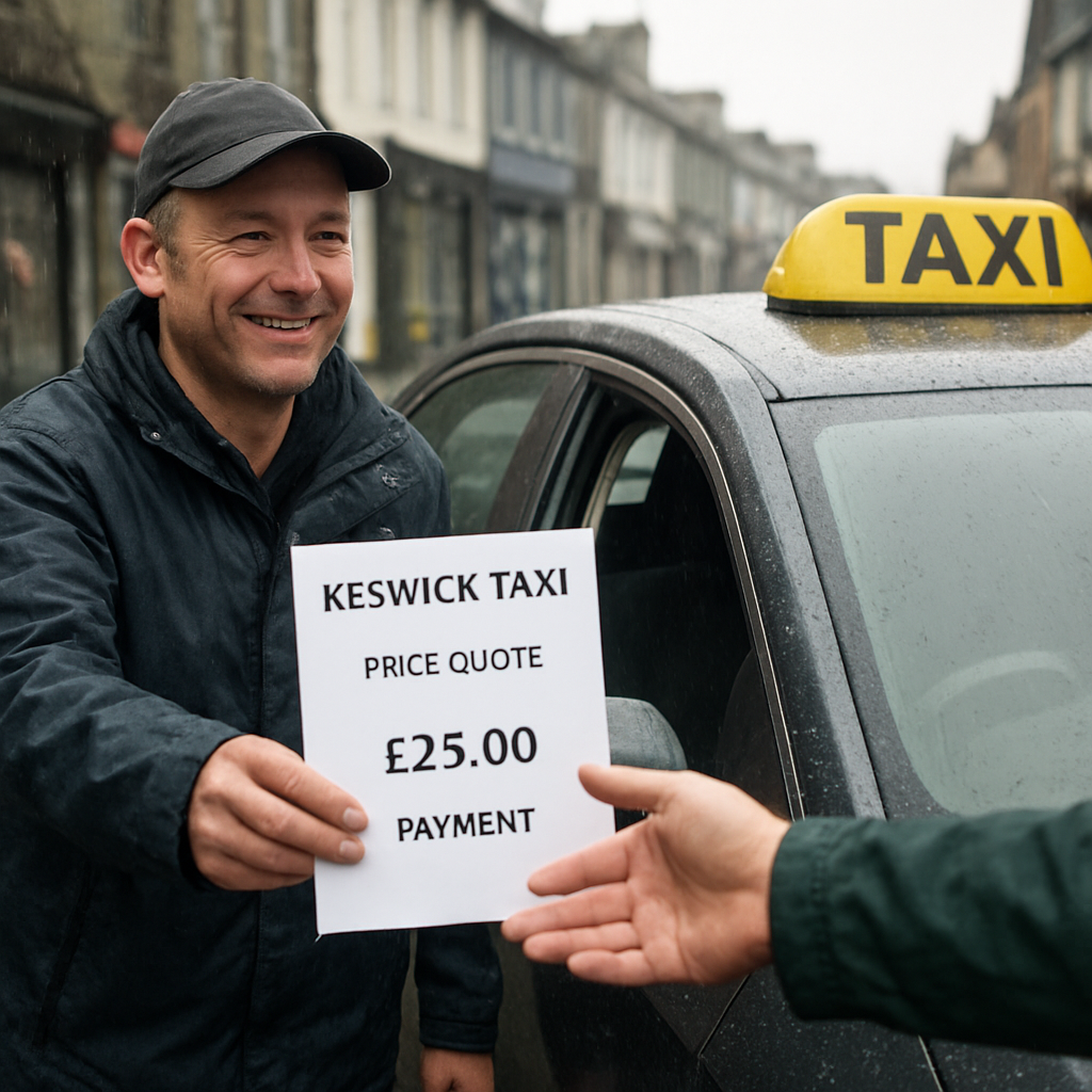 A friendly local taxi driver handing a passenger a printed price quote on a rainy Keswick street. Alt: Keswick taxi pricing and payment illustration