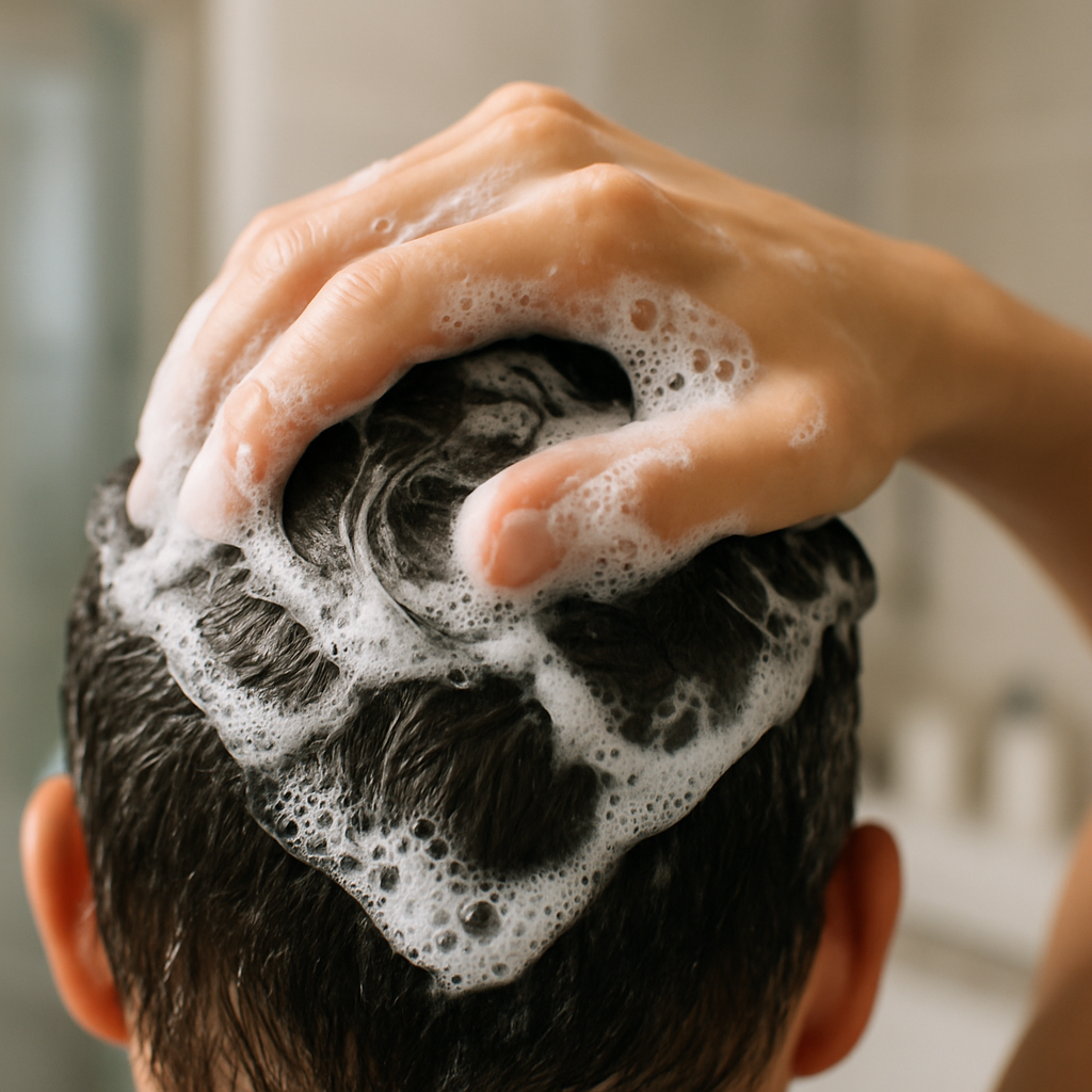 A close‑up of a hand lathering ketoconazole shampoo onto a scalp, droplets glistening, with a soft focus background of a modern bathroom. Alt: ketoconazole shampoo for hair loss application guide