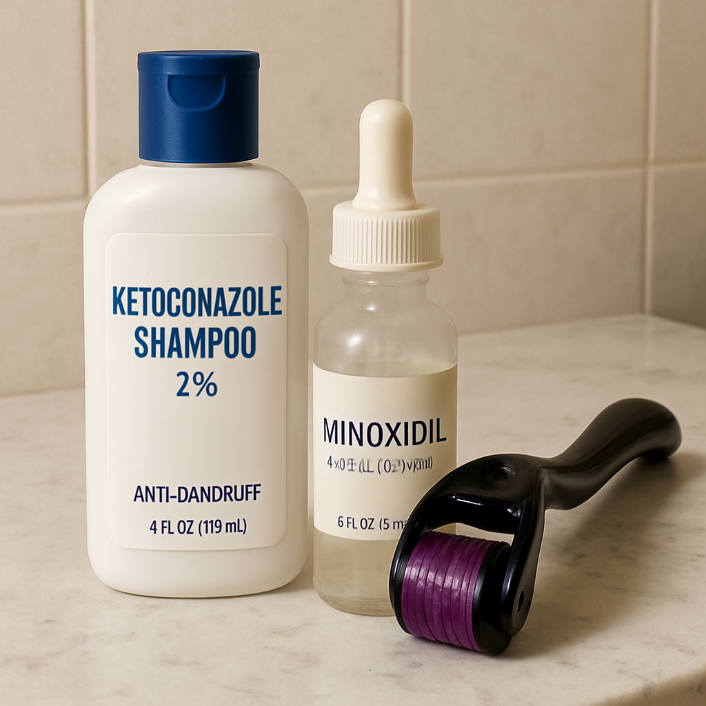 A bathroom countertop showing a ketoconazole shampoo bottle, a dropper of minoxidil, and a derma roller, illustrating a combined hair‑loss routine. Alt: ketoconazole shampoo combined with other hair loss treatments
