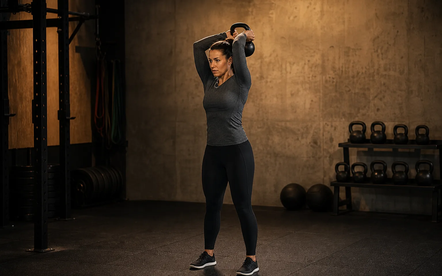 A woman lowers a kettlebell behind her head for an overhead triceps extension.