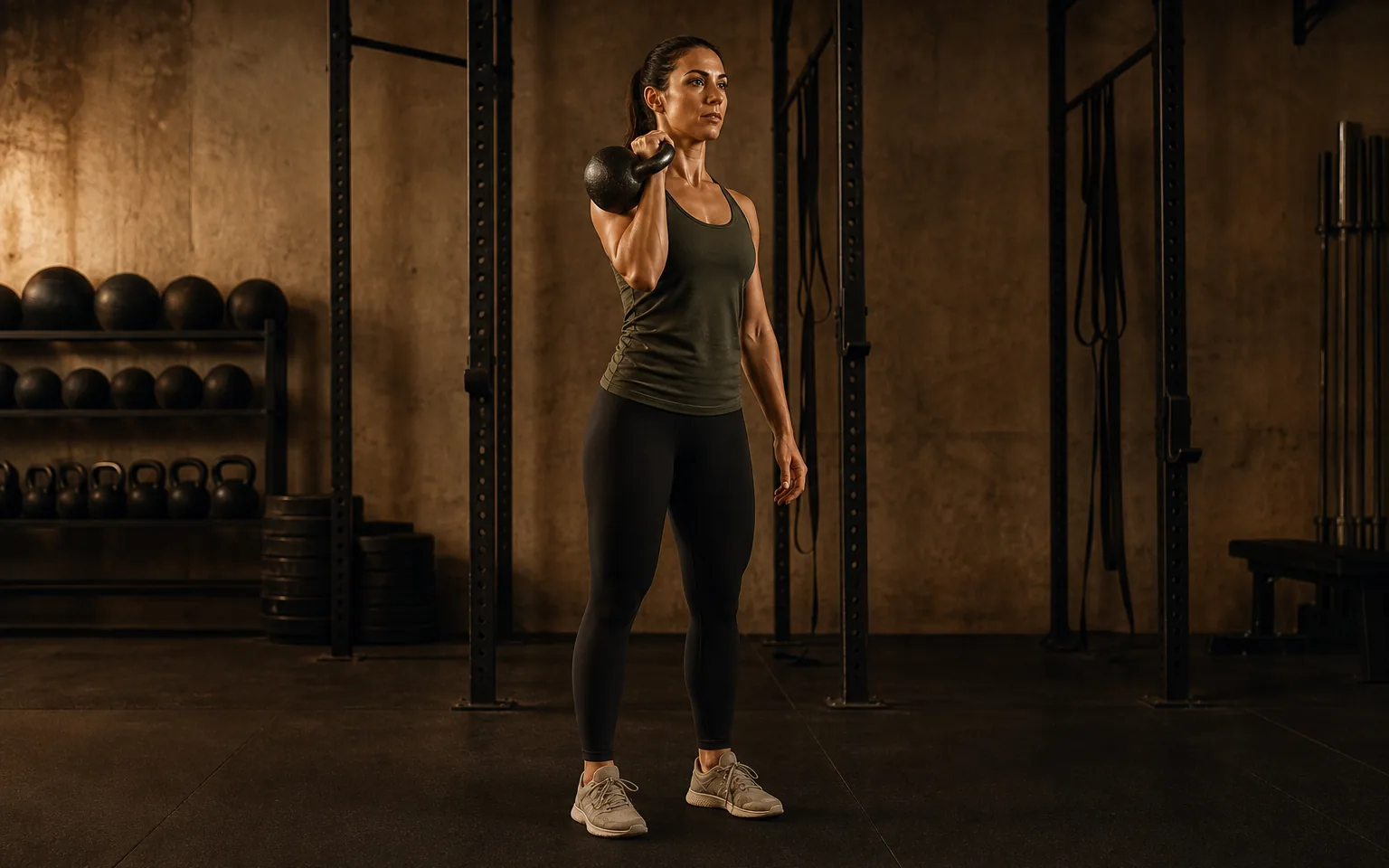 A woman brings a kettlebell to shoulder height during a curl-to-press.