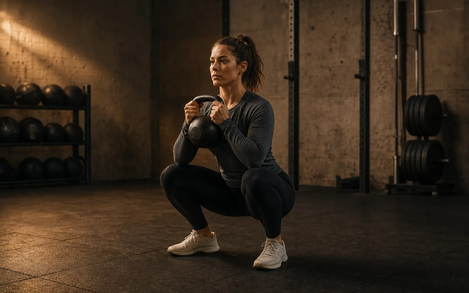 A woman holds a kettlebell at her chest in a deep goblet squat.