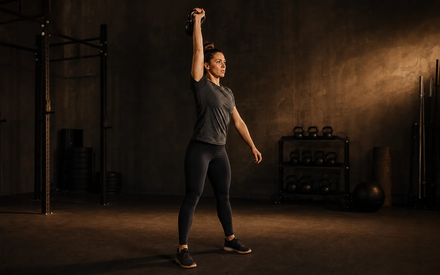 A woman presses a kettlebell overhead with one arm.