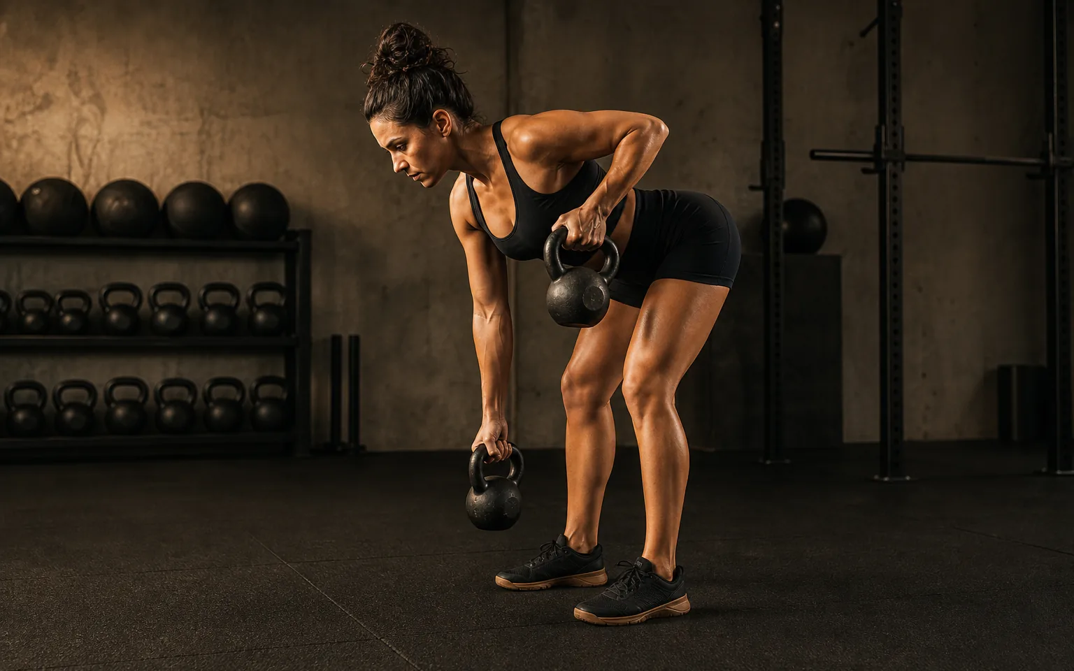 A woman performs a one-arm kettlebell row from a bent-over position.