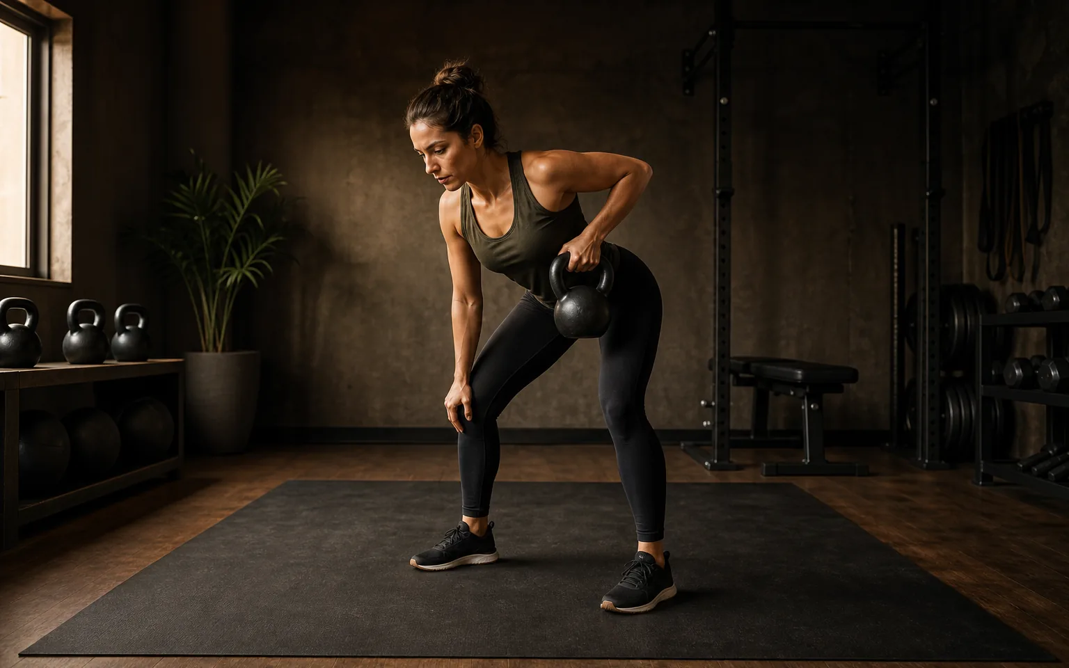Woman performing a one-arm kettlebell row at home
