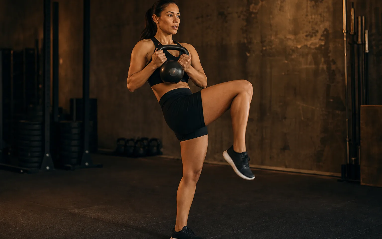 Woman combining a front-kick stance with a kettlebell held at her chest