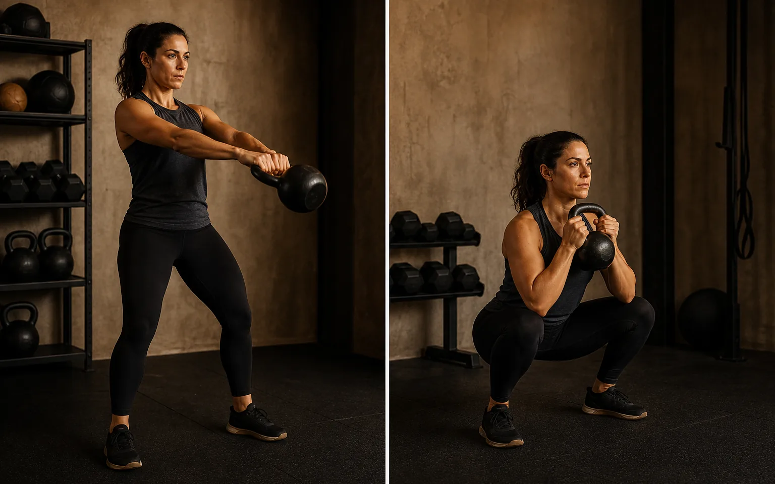 A woman performs a kettlebell swing and a goblet squat.