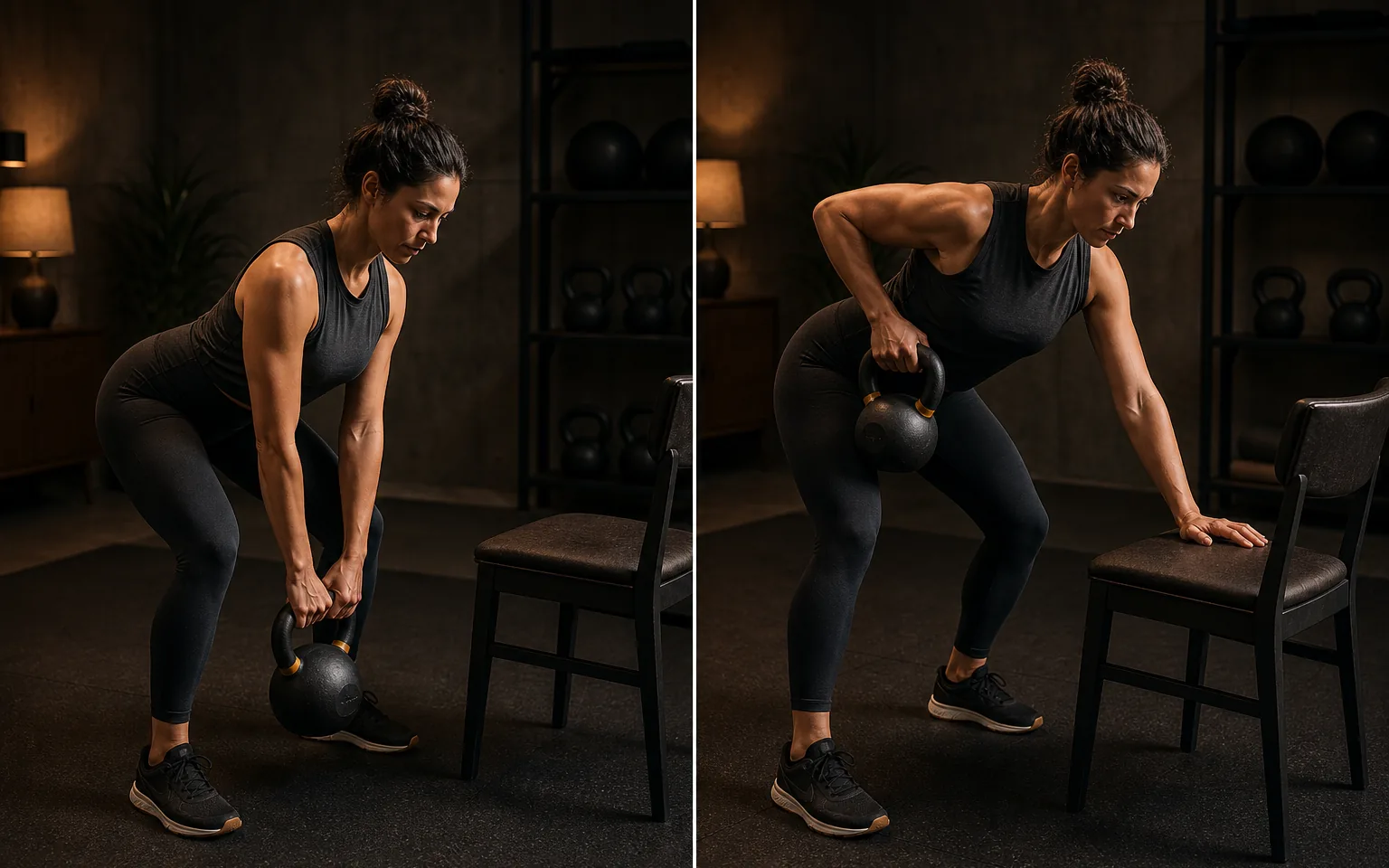 A woman demonstrates a kettlebell deadlift and a supported one-arm row.