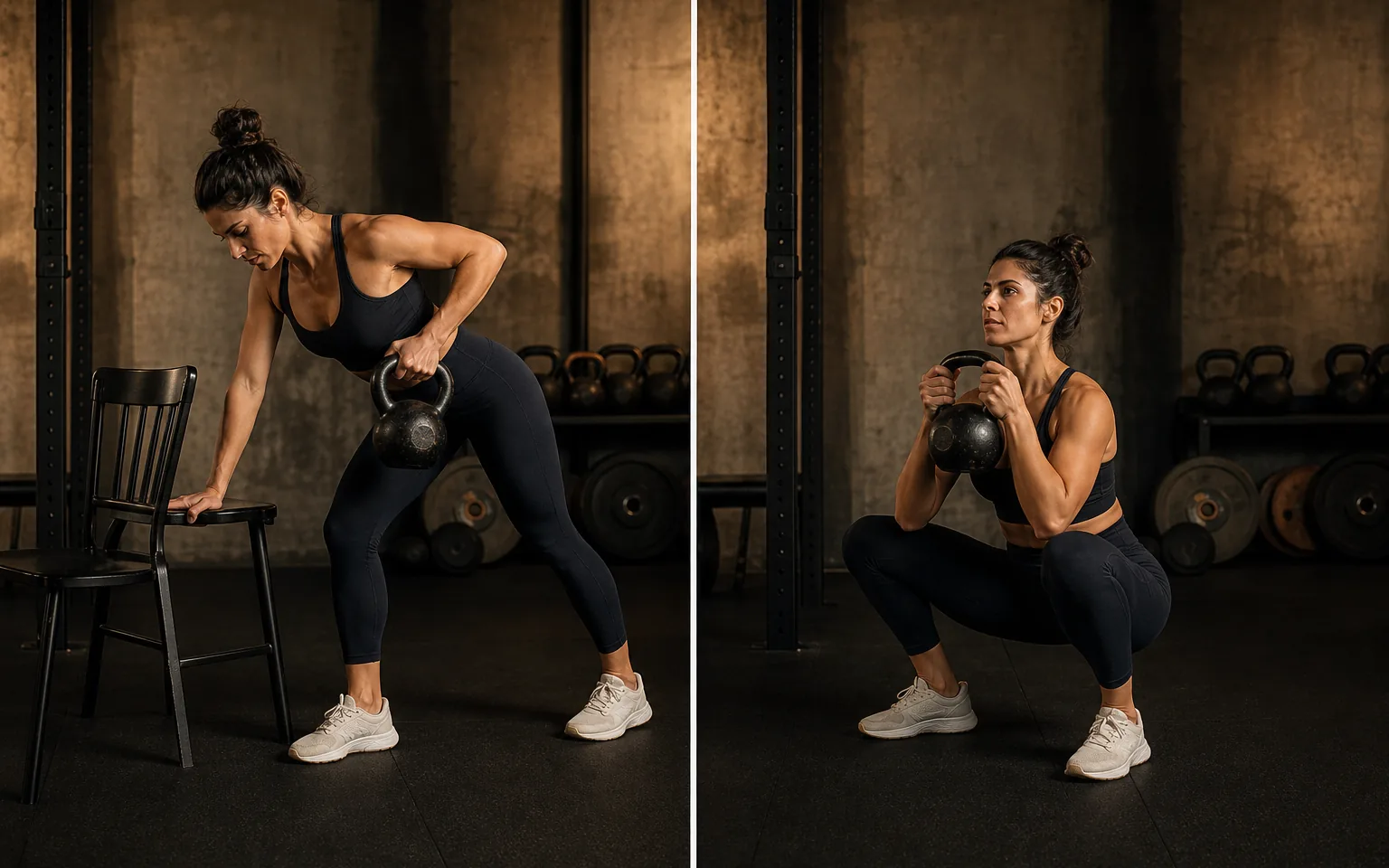 A woman demonstrates a supported kettlebell row and a goblet squat.