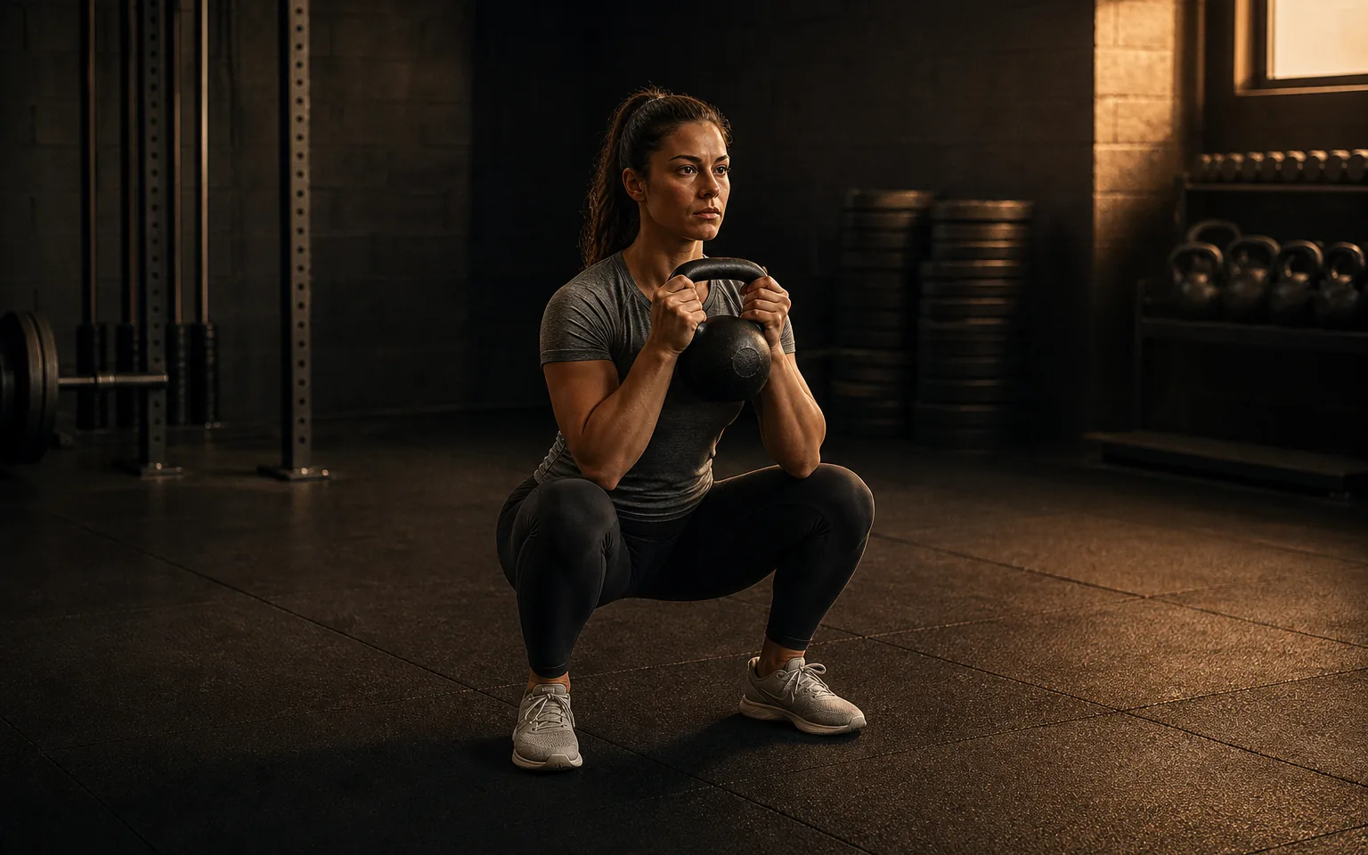 Woman holding a kettlebell at her chest in a deep goblet squat.