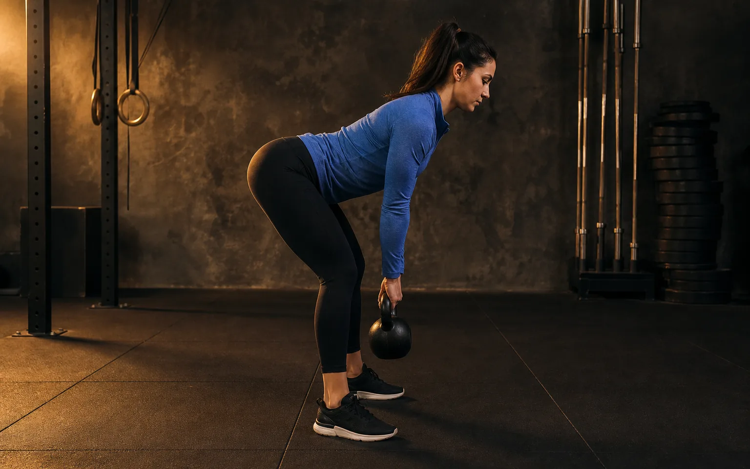 Woman hinging forward with a kettlebell during a Romanian deadlift.