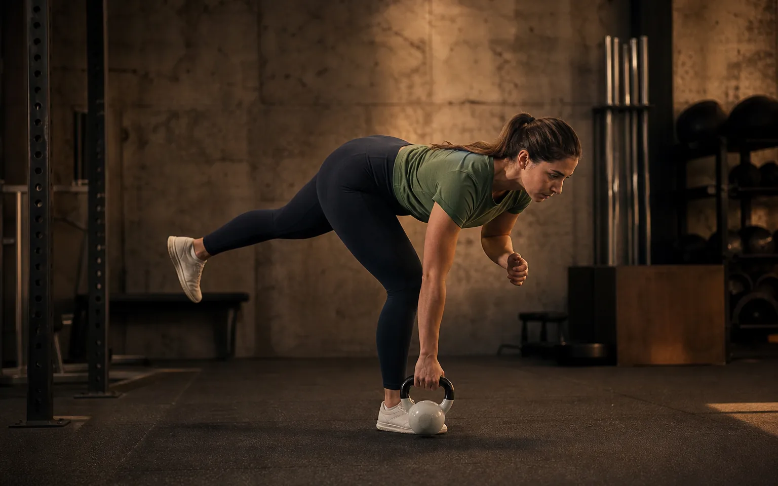Woman balancing in a single-leg kettlebell Romanian deadlift.
