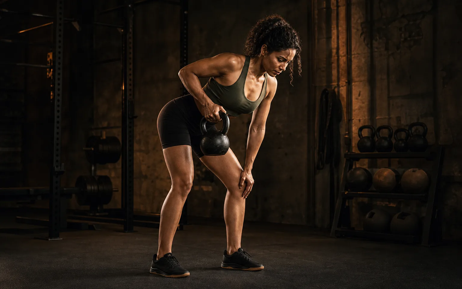 A woman performs a one-arm kettlebell row from a hip hinge.