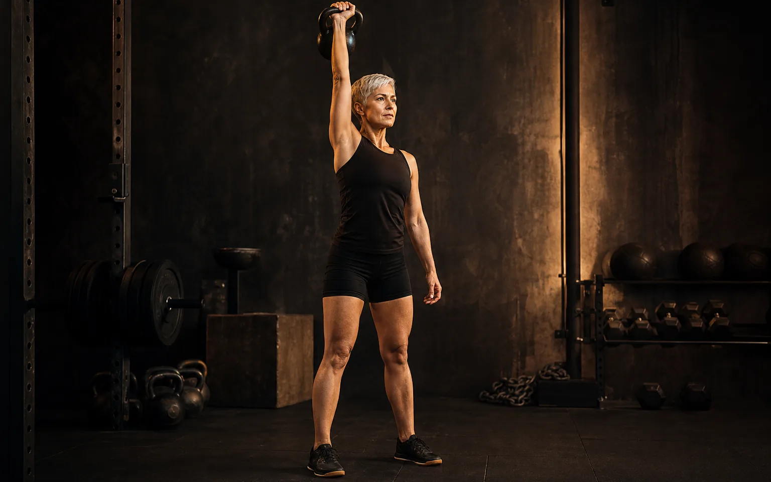 A woman holds a kettlebell overhead in a single-arm press.