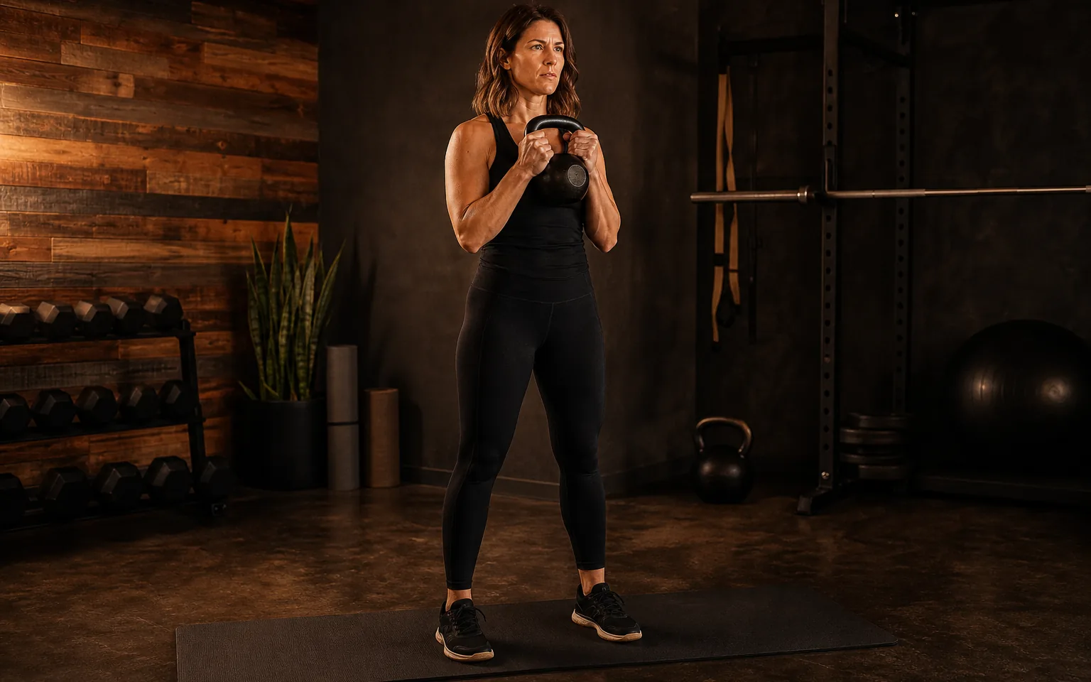 A woman performs a two-hand kettlebell curl at home.