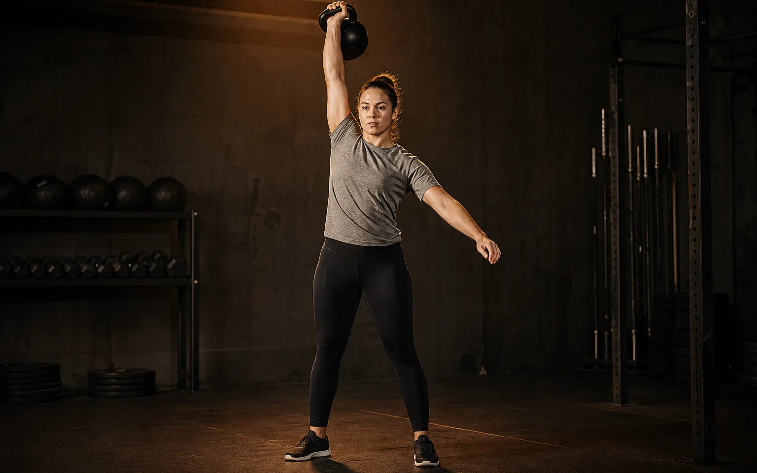 A woman finishes a one-arm kettlebell clean and press with the bell overhead.