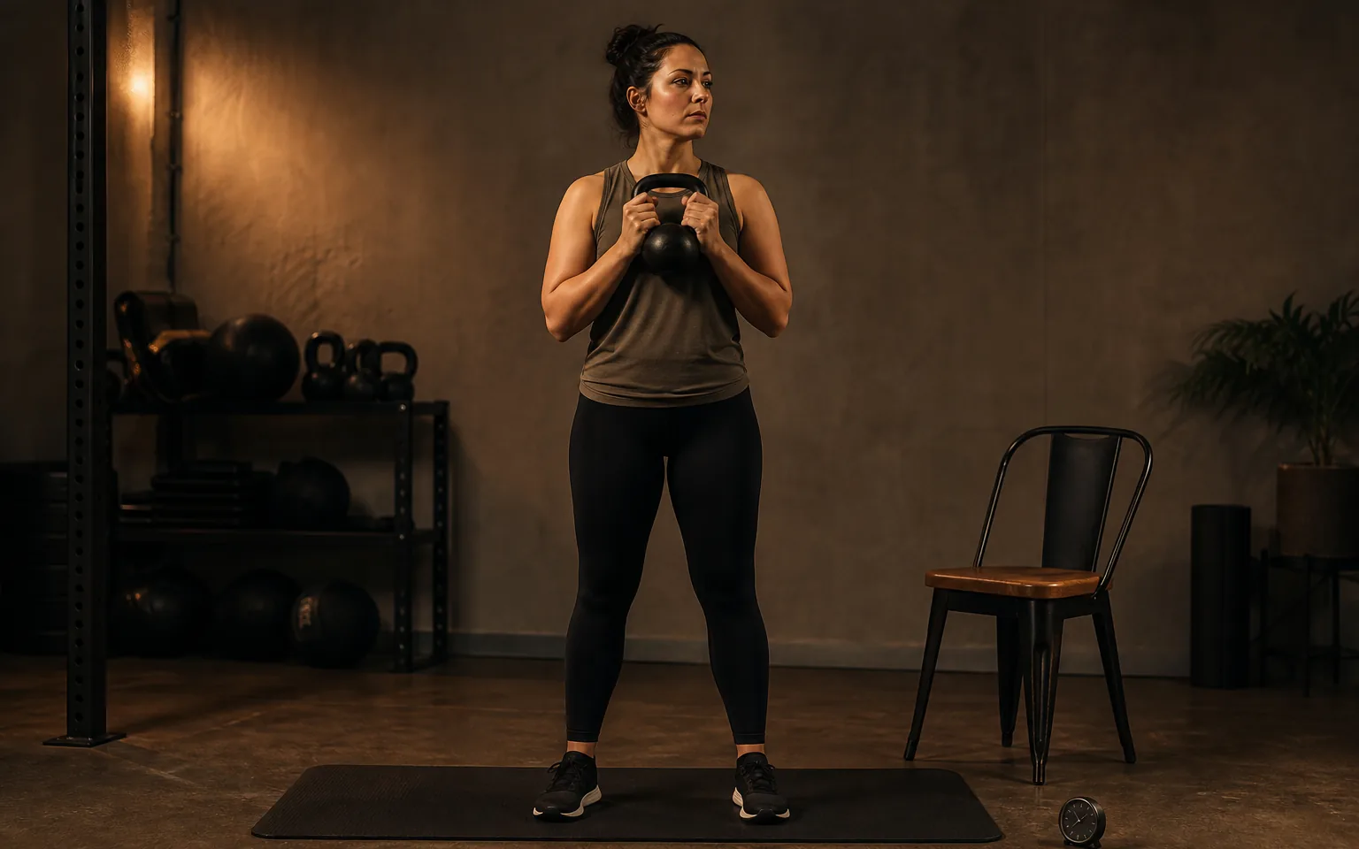 A woman prepares for a beginner kettlebell circuit at home.