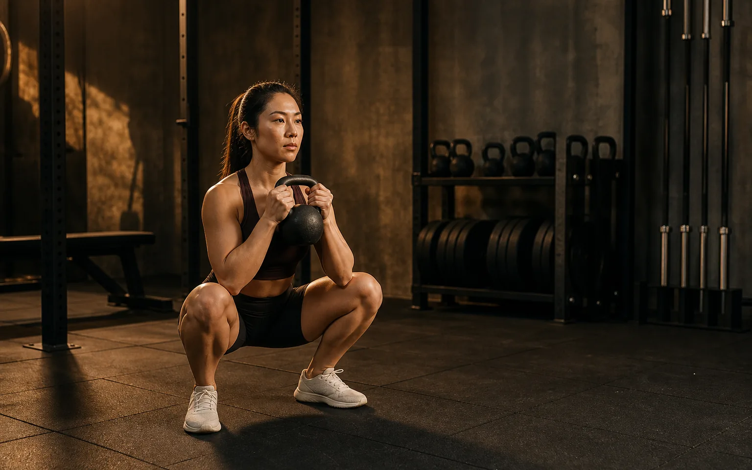 A woman holds a kettlebell in a deep goblet squat.