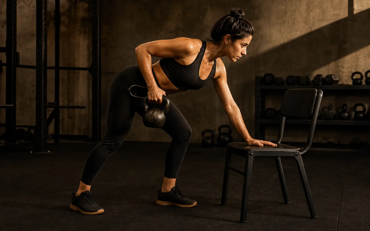 A woman performs a supported one-arm kettlebell row.