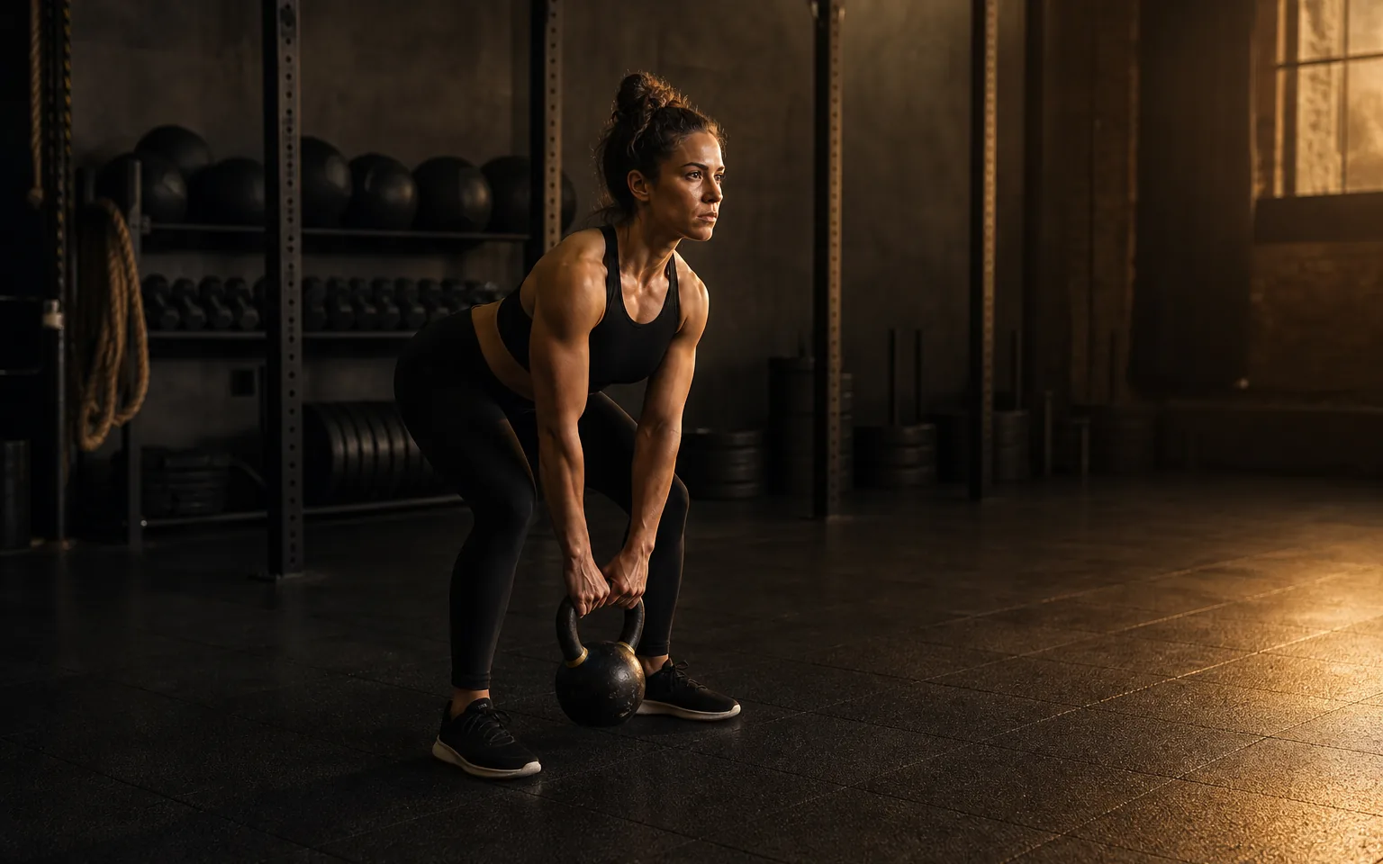 A woman starts a kettlebell set as the timer begins a new minute.
