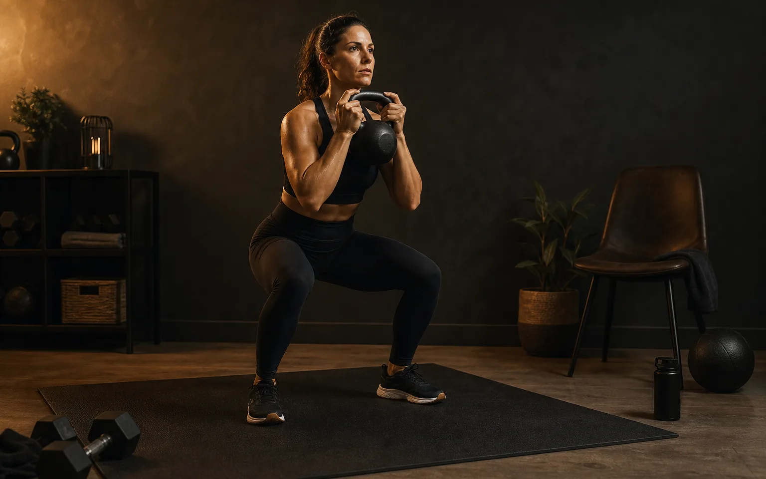 A woman completes a goblet squat during a home kettlebell circuit.