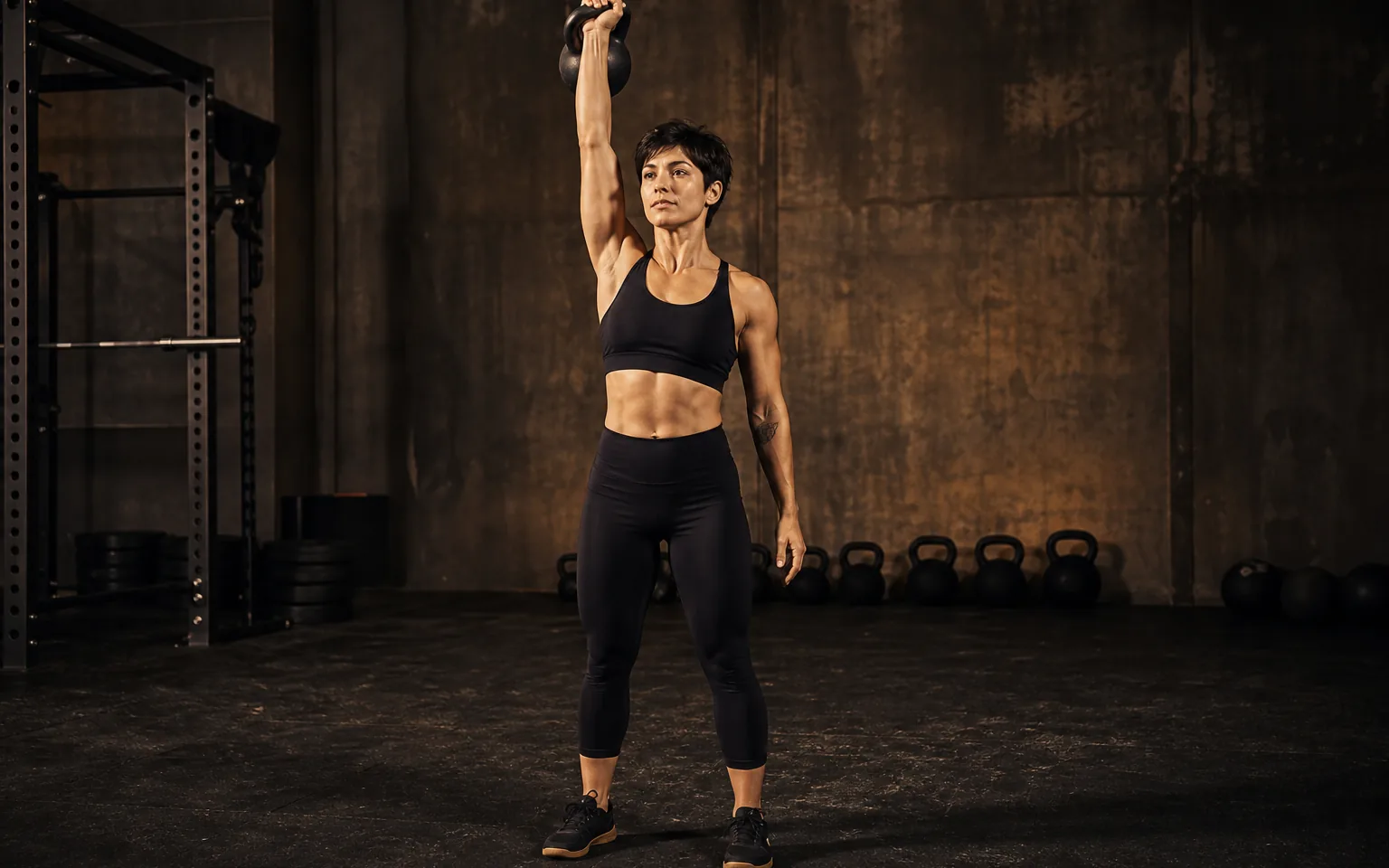 A woman locks out a one-arm kettlebell press overhead.