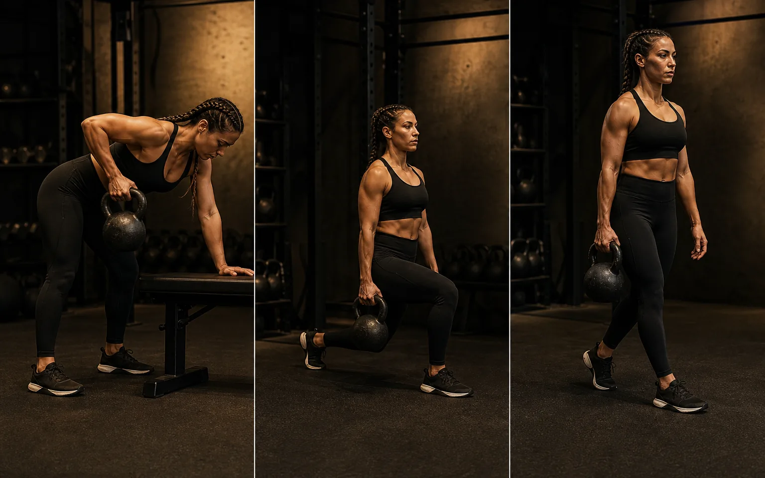 A woman rows a kettlebell, reverse lunges, and carries it at her side.