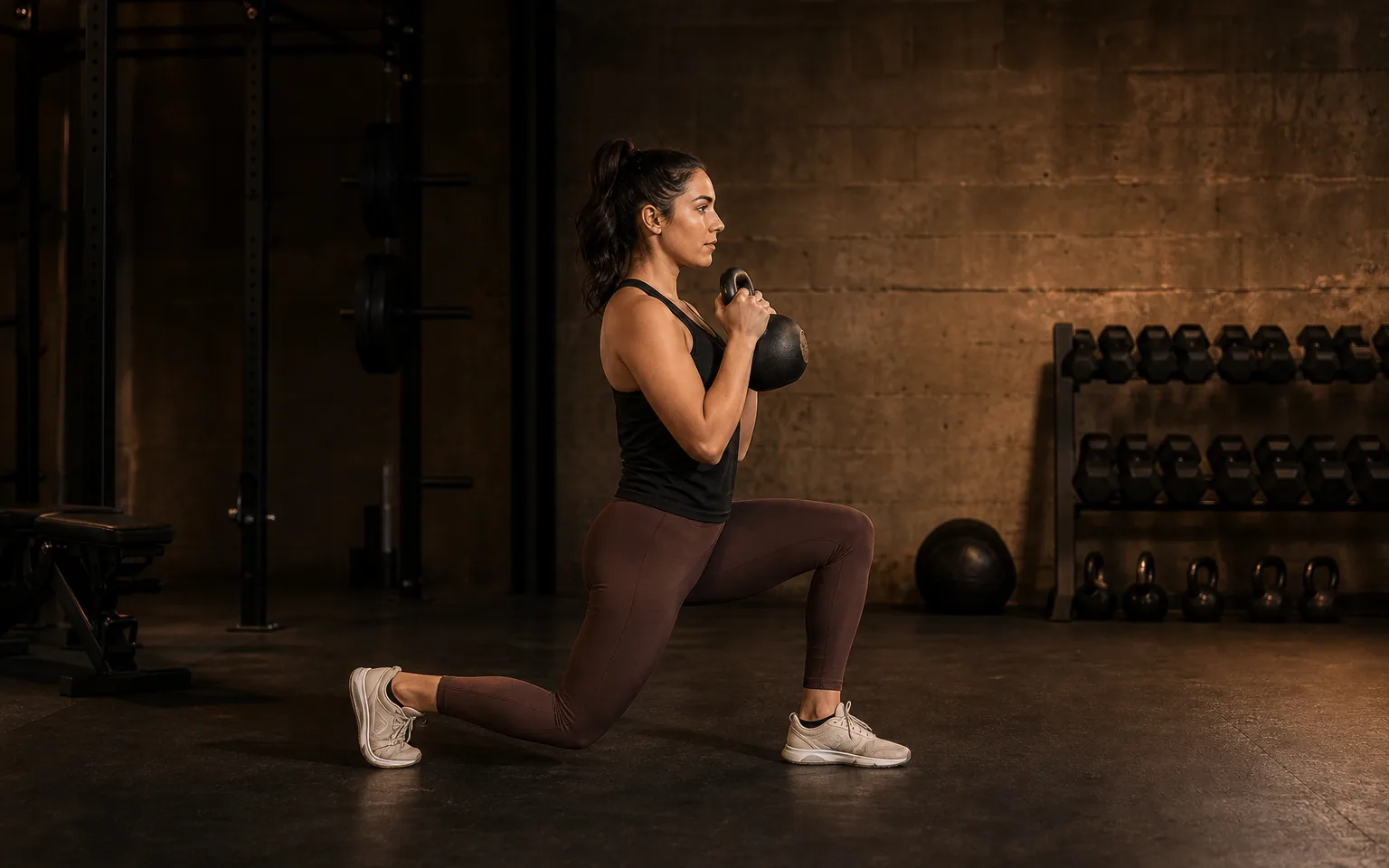 A woman lowers into a reverse lunge with one foot stepped back.
