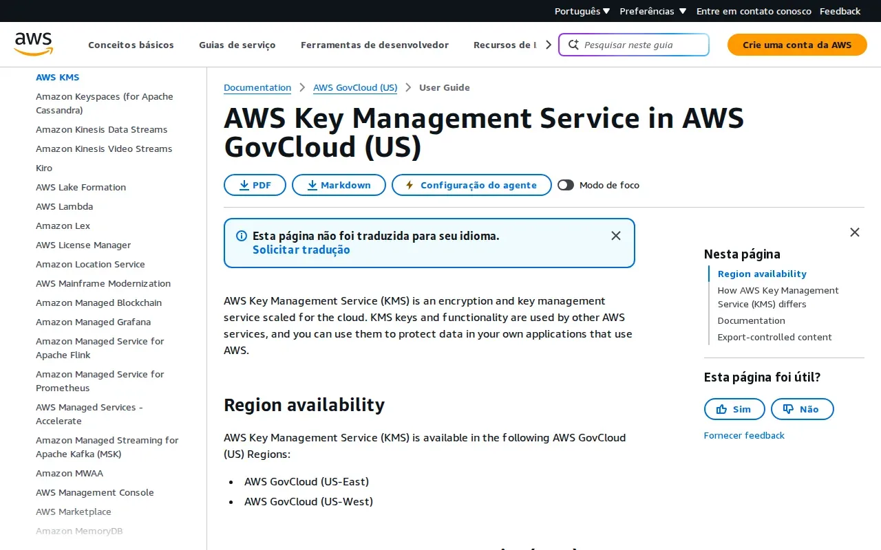 Screenshot of the AWS Key Management Service website