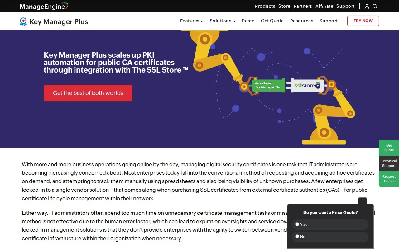 Screenshot of the Key Manager Plus by ManageEngine website