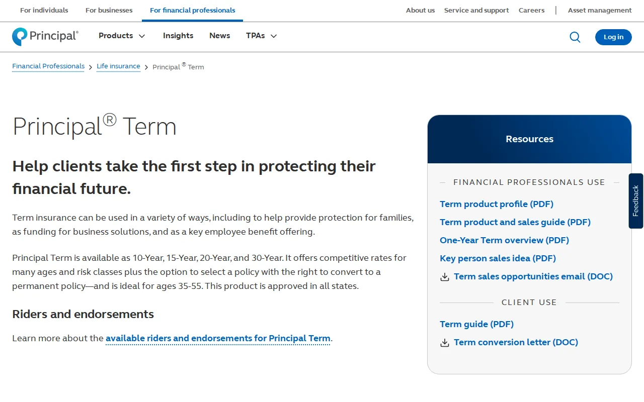 Screenshot of the Principal Term Life website