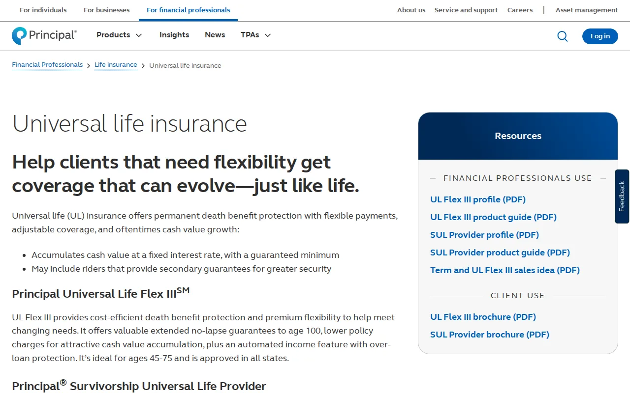 Screenshot of the Principal Universal Life website