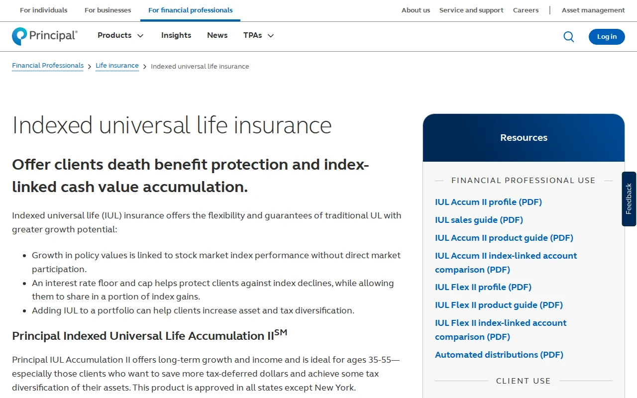 Screenshot of the Principal Indexed Universal Life website