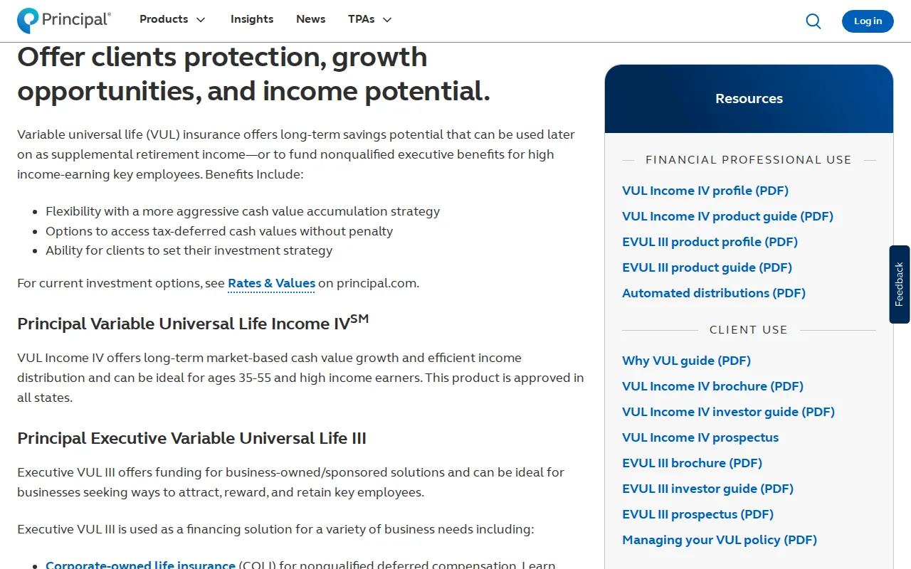 Screenshot of the Principal Variable Universal Life website