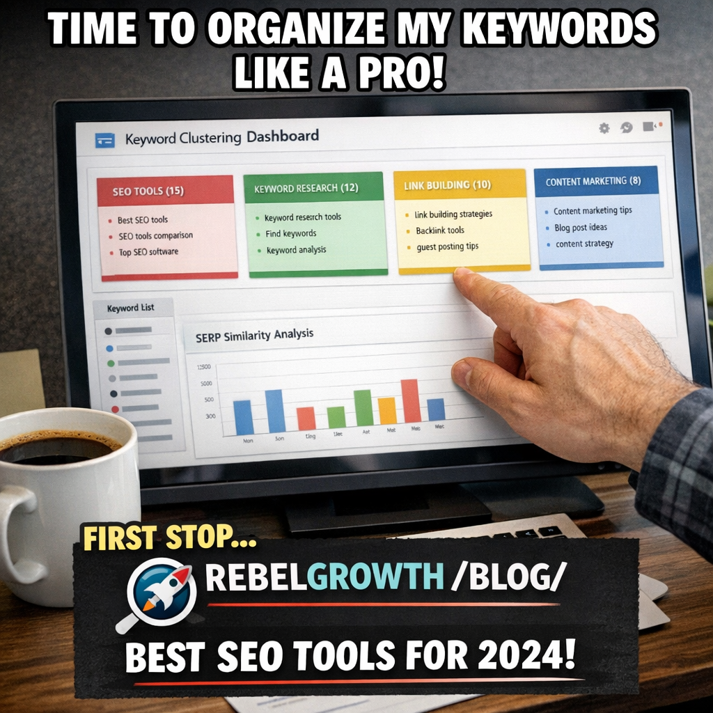 A photorealistic scene of a computer screen displaying a keyword clustering dashboard with colour‑coded clusters, a cup of coffee beside it, and a digital marketer’s hand pointing at the data. Alt: Keyword clustering tool dashboard visualising SERP‑based clusters for SEO planning.