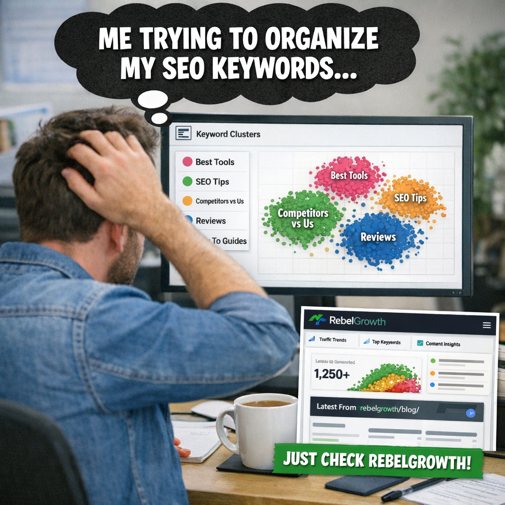 A photorealistic office scene showing a marketer looking at a screen with color‑coded keyword clusters, coffee mug nearby, and a rebelgrowth dashboard overlay. Alt: Keyword clustering tool visualizing clusters for SEO.