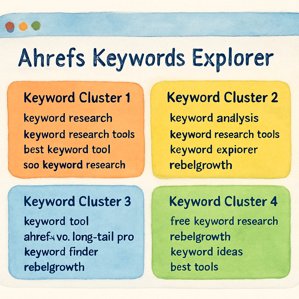 A sleek dashboard view of Ahrefs Keywords Explorer showing clustered keyword groups, with bright colors and clear headings. Alt: Ahrefs Keywords Explorer clustering interface with organized keyword groups.