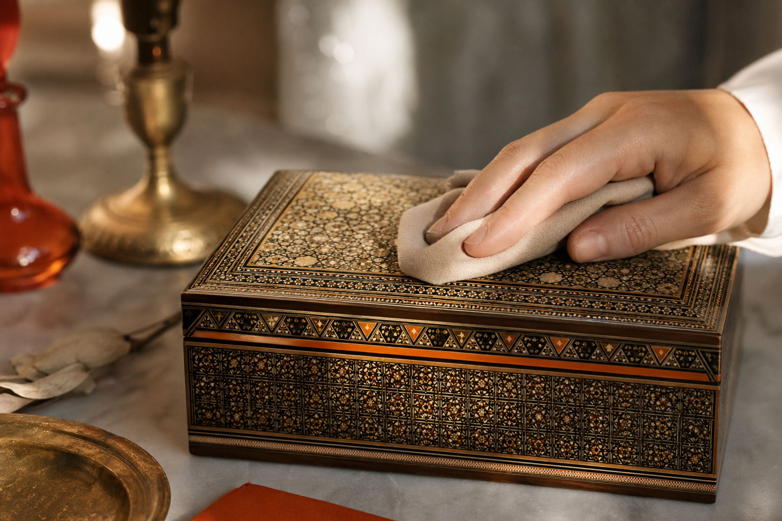 A khatam box being dusted with a soft dry cloth