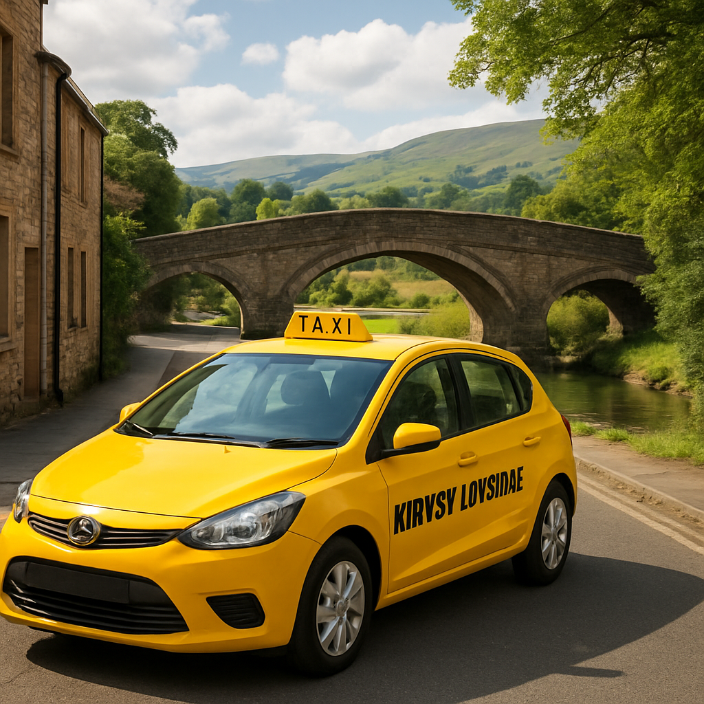 A bright, friendly taxi parked on a quiet lane in Kirkby Lonsdale, with the historic stone bridge and rolling hills in the background. Alt: Kirkby Lonsdale taxi service with local scenery.