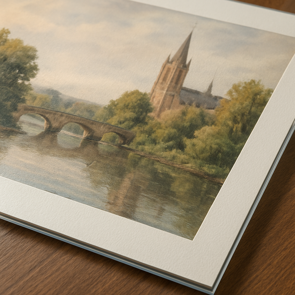 A close‑up of a matte art print laid on a table with a UV‑protective glass sheet on top, highlighting the texture and subtle sheen. Alt: High‑resolution close‑up of a premium art print with UV glass.