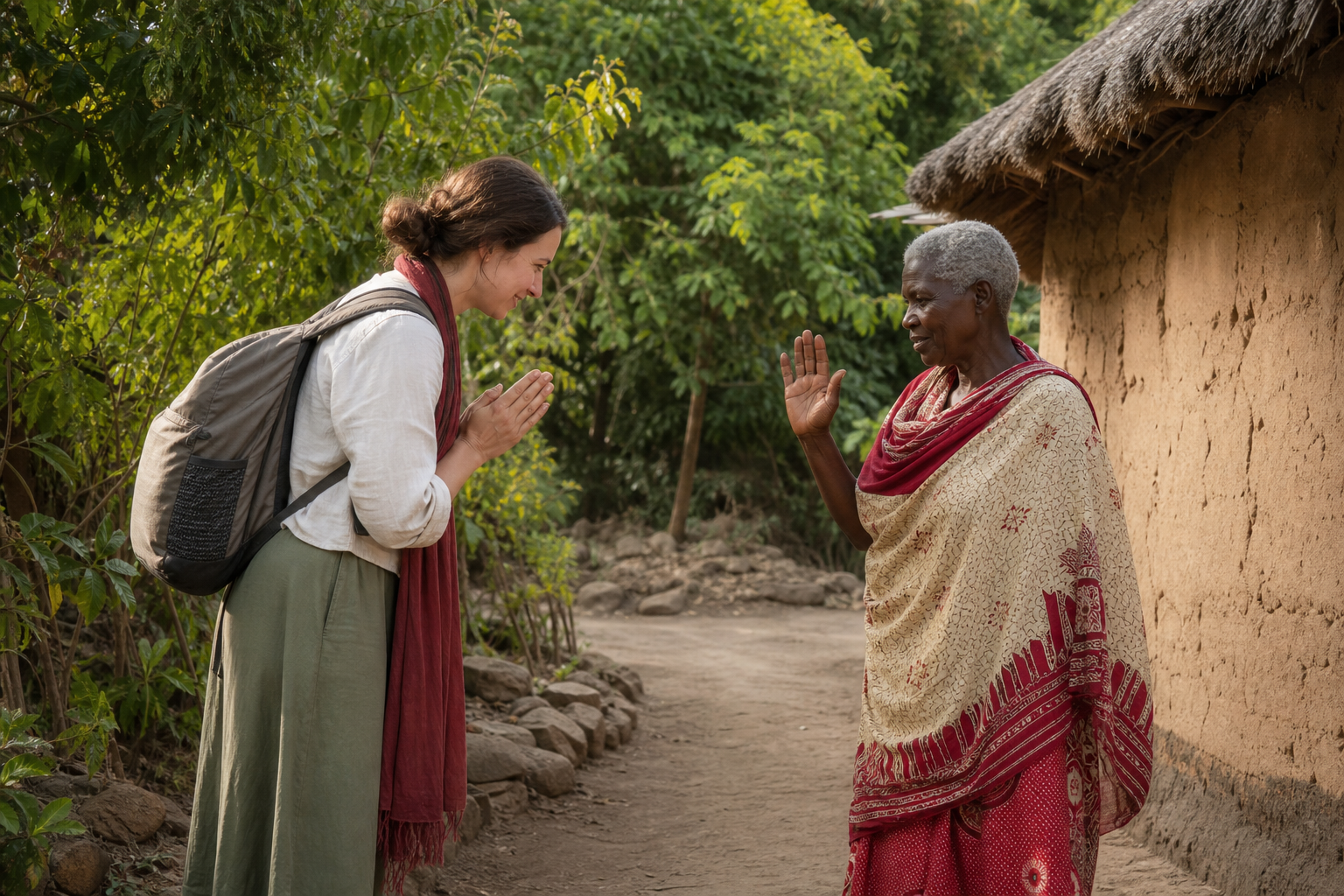 respectful Kiswahili greeting between a traveler and an older Tanzanian resident