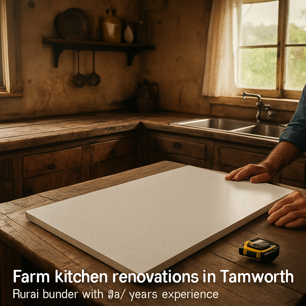 A rural kitchen with an old wooden benchtop showing cracks and a new quartz slab mock‑up laid out on a table. Alt: kitchen benchtop assessment and planning in Tamworth farm home