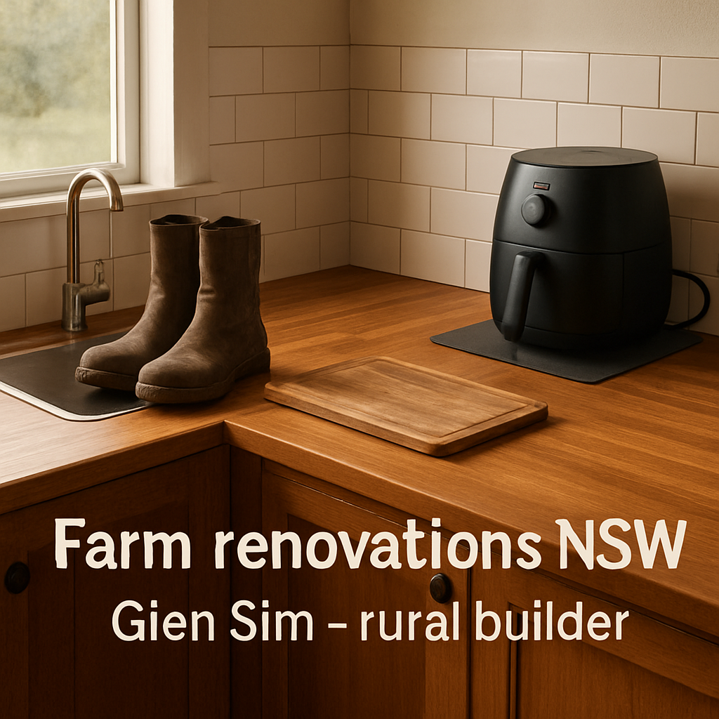 A rural kitchen with a freshly installed timber benchtop, showing a farmer’s boots, a cutting board, and an air fryer on a heat‑proof mat. Alt: kitchen benchtop replacement tamworth timber surface with heat‑proof board under air fryer