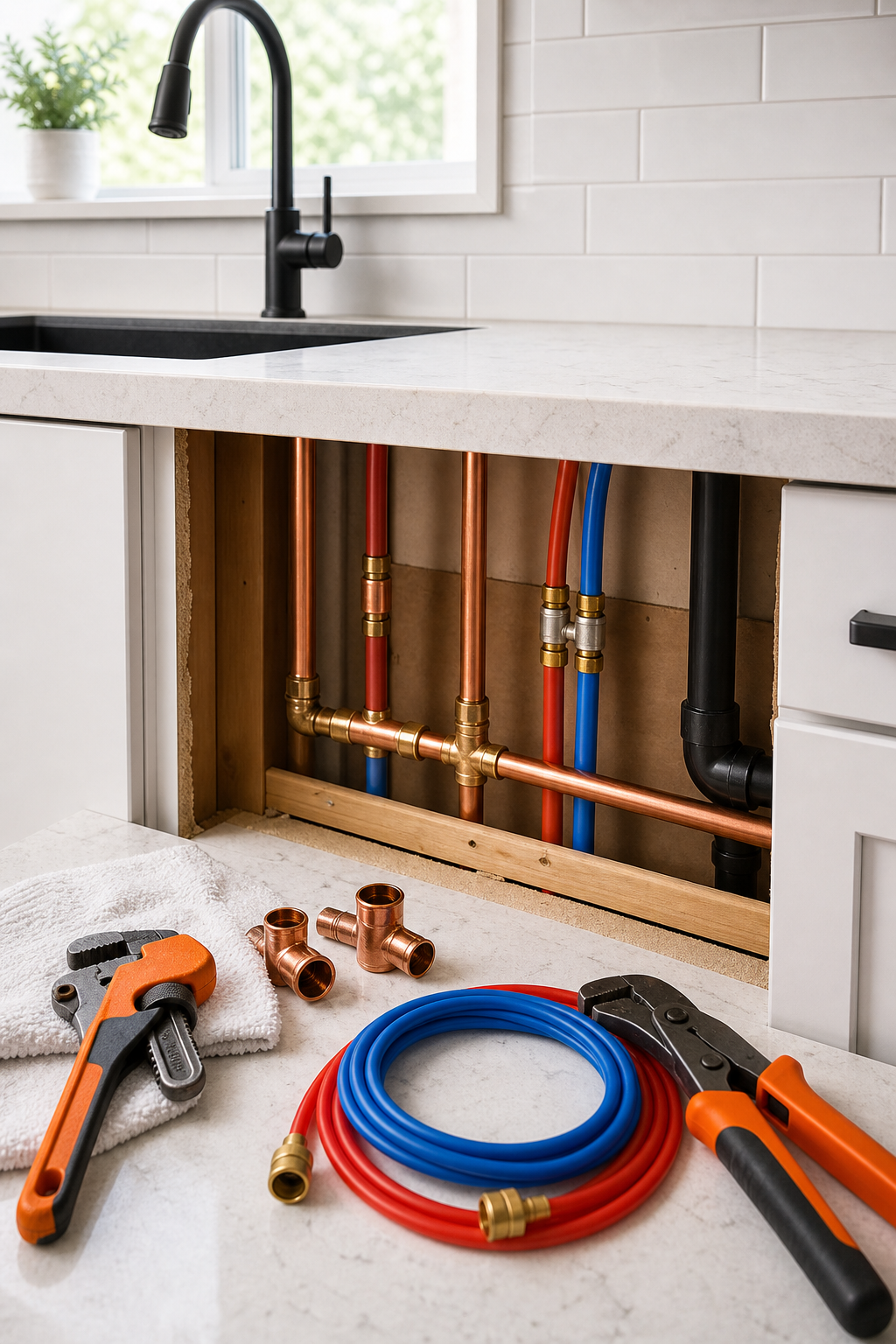A clean, modern kitchen under renovation showing exposed copper and PEX supply lines behind a removed cabinet panel, with orange-accented plumbing tools on a white countertop. No faces visible. Professional editorial tone. Alt: kitchen plumbing remodel supply line installation San Juan Capistrano.