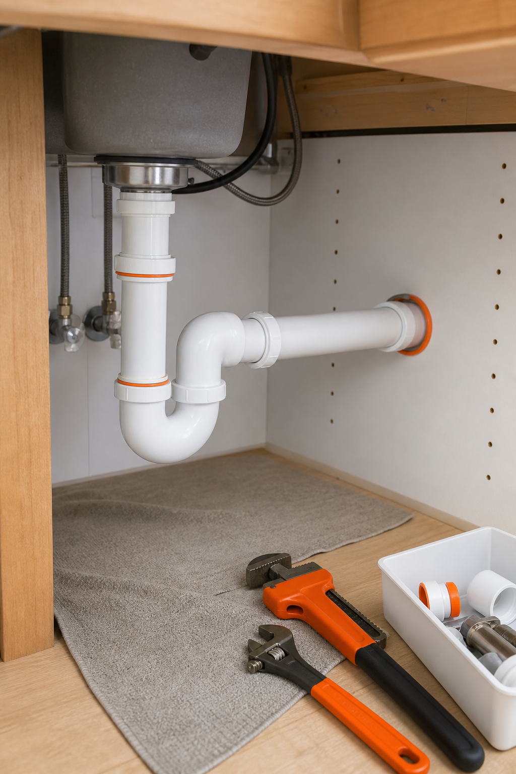 Under-kitchen cabinet view showing PVC drain pipe rerouting work in progress, with a P-trap and horizontal drain arm extending toward a wall stub-out. Clean workspace, orange-accented pipe fittings visible. No faces. Alt: kitchen drain line rerouting replacement plumbing remodel San Juan Capistrano.