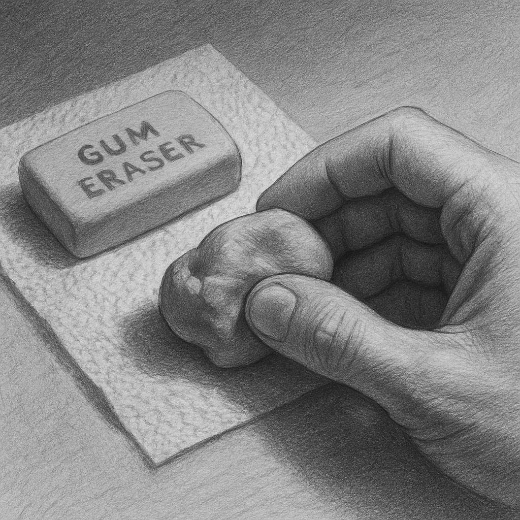 A sketching setup showing a hand shaping a kneaded eraser and a gum eraser placed in a paper towel pouch, with a light source illuminating the textures of both erasers. Alt: Kneaded eraser and gum eraser in use for sketching.