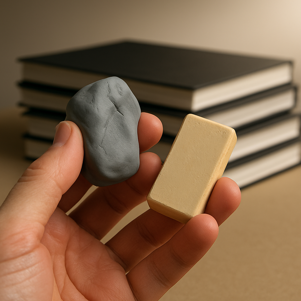 A close‑up of a hand holding a kneaded eraser and a gum eraser, with a stack of sketchbooks in the background, set against a studio light. Alt: Kneaded eraser vs gum eraser comparison.