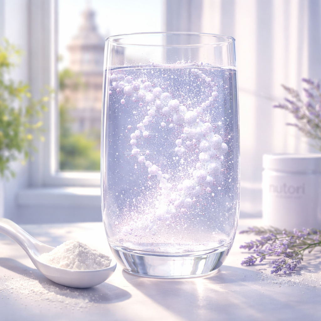 A realistic illustration of collagen peptide chains dissolving in water, showing a clear liquid with tiny glowing particles. Alt: kollagenpulver Auflösung und Wirkung im Wasser