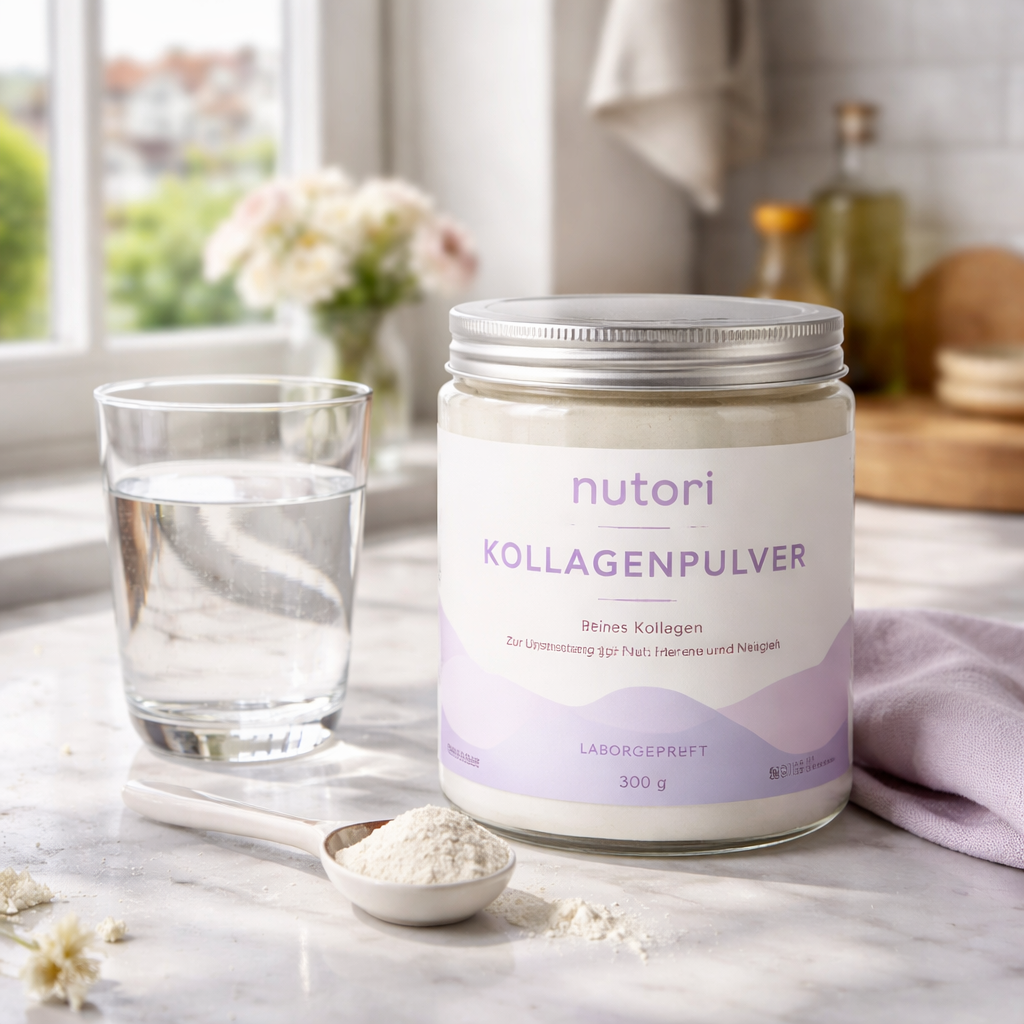 A realistic kitchen scene showing a glass jar of collagen powder next to a measuring spoon, a glass of water, and a sunny window. Alt: kollagenpulver Aufbewahrung und Dosierung