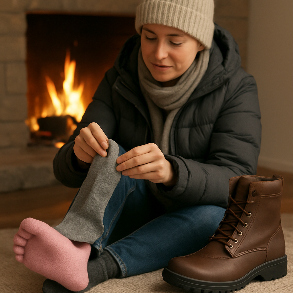 En kvinna i vinterkläder som provar olika tåstrumpor framför en brasa, nära en vinterkänga. Alt: tåstrumpor dam vinterkomfort passform